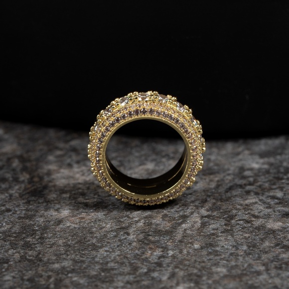 Hip Hop Yellow Gold Plated Iced Pointer Cz Men's Eternity Statement Ring - Picture 3 of 5